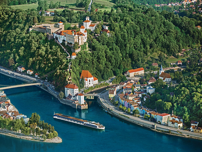 Aerial image of a river cruise ship in Passau, Germany